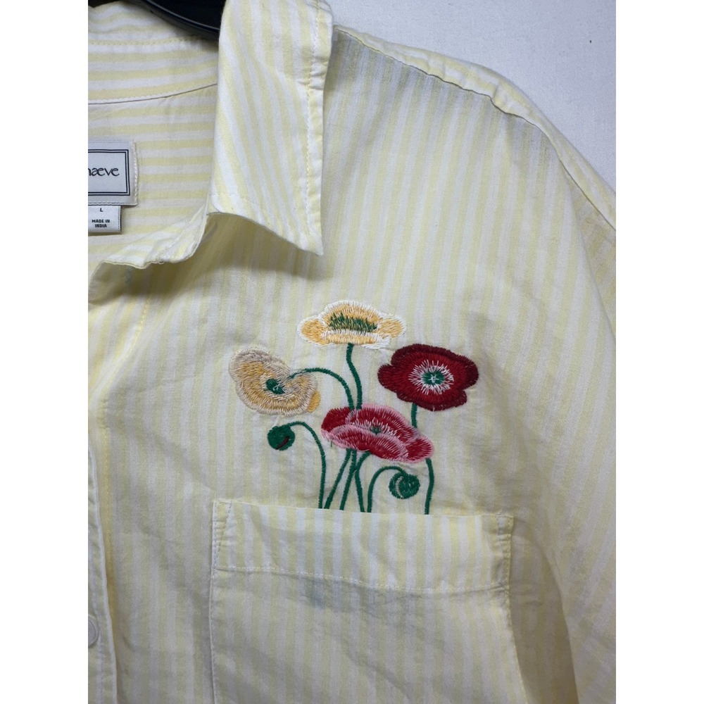 Maeve Mabel Anthropologie Yellow Striped Floral Embroidered Button Down Shirt L - Picture 6 of 8
